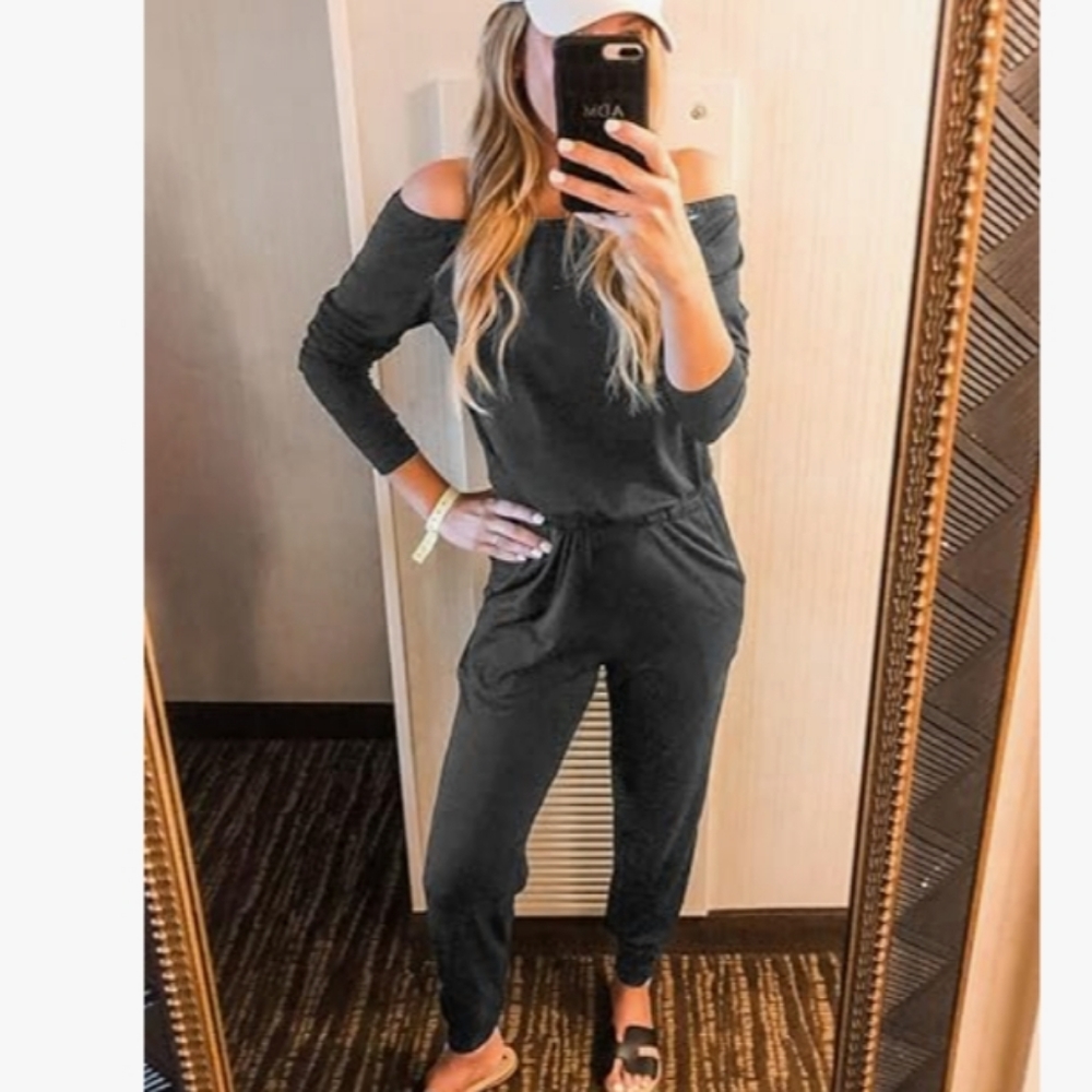 Women's Casual Long Sleeve Jumpsuit Crewneck Off Shoulder Elastic Waist Stretchy - Picture 4 of 7